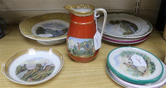 A Prattware jug, The Travellers Departure (396), a comport, The Two Anglers (432) and eight other pieces,